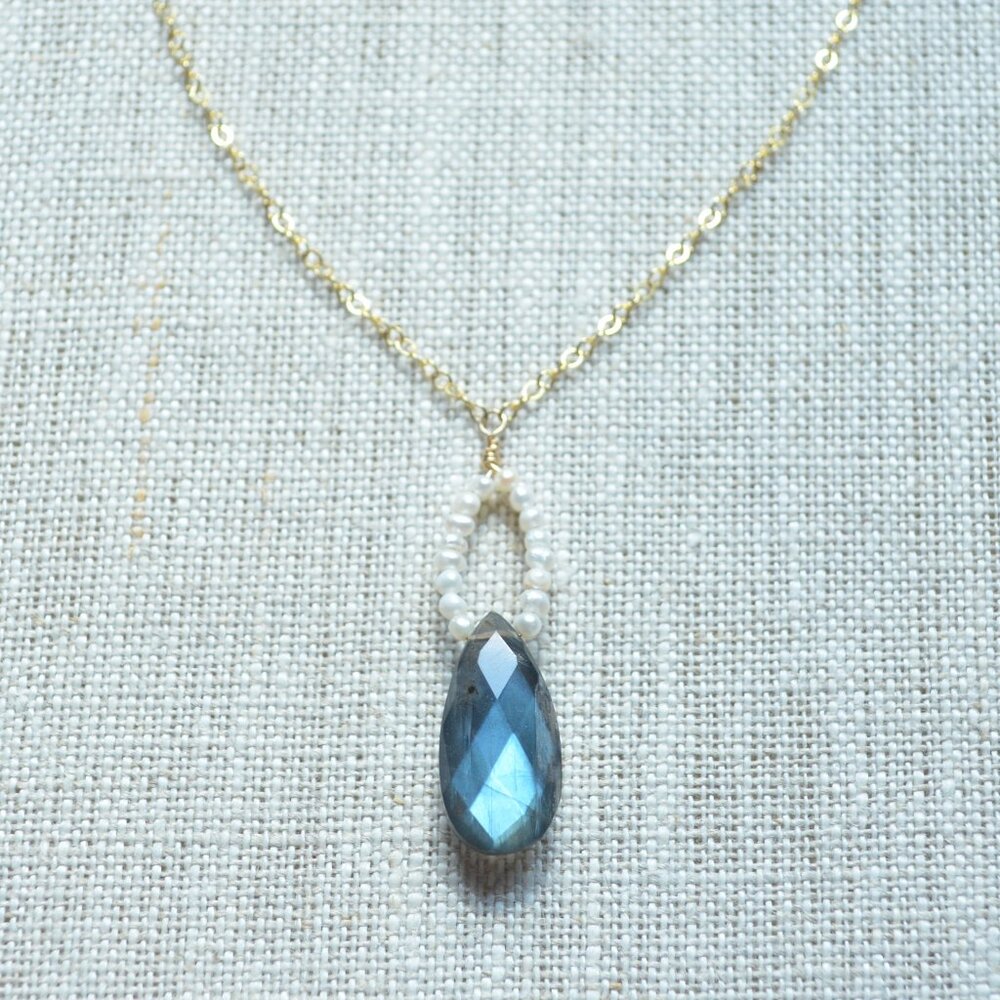 Labradorite Necklace with White Seed Pearls - Hand Made in Canada
